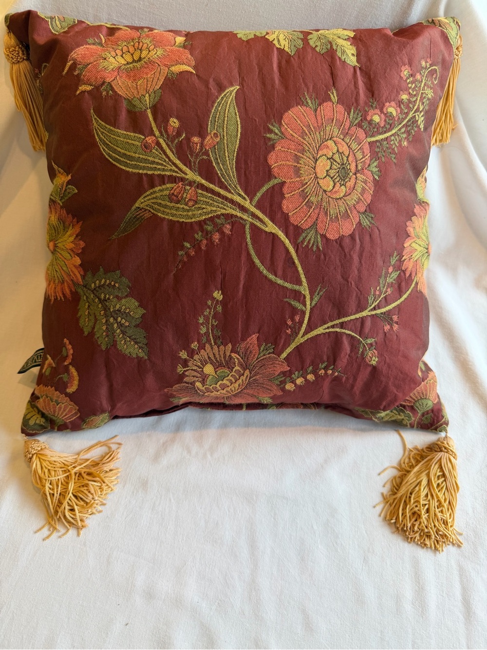 Rust Floral Embroidered Tassel Accent Pillow by
